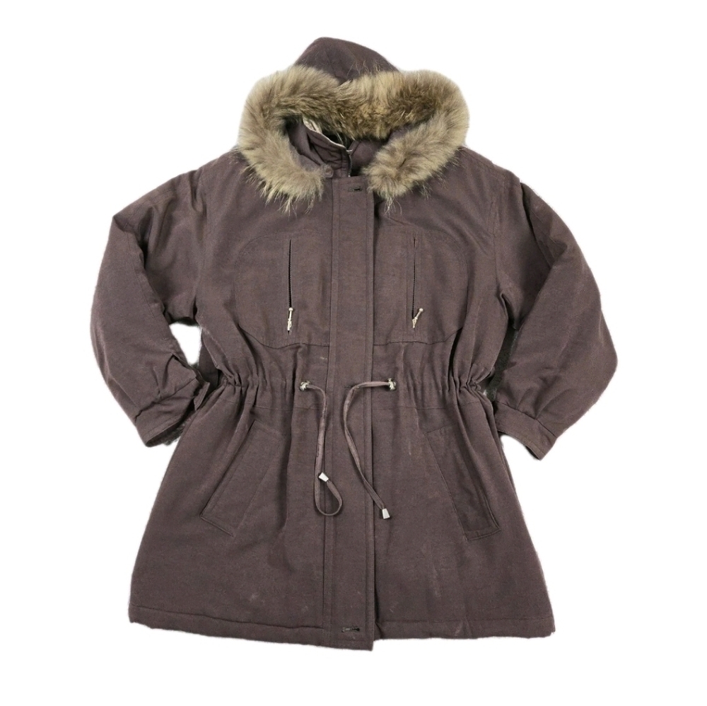 Vtg Y2k Chocolate Brown Rabbit Fur Trim Hooded Parka Coat Overcoat Sz L Outdoor